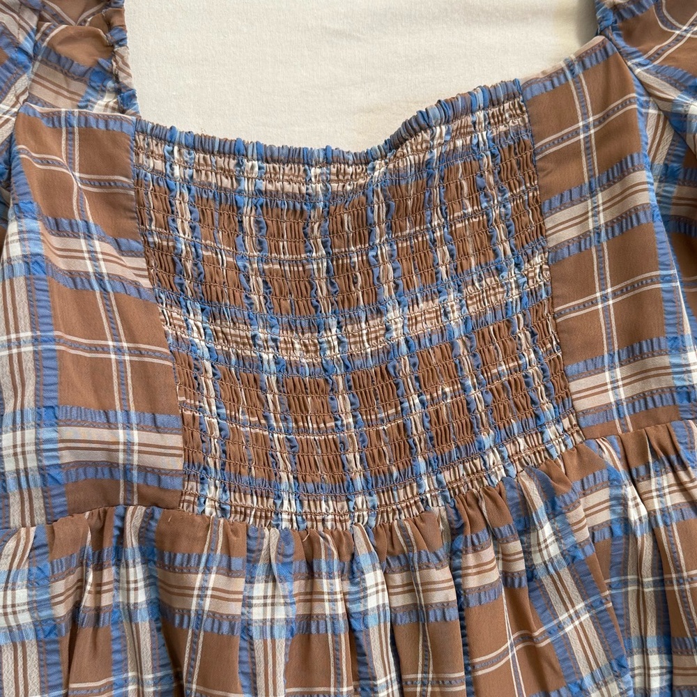 Country Chic Gianni Bibi Brown Plaid Off-Shoulder Dress lined Coastal Cowgirl - Picture 7 of 10